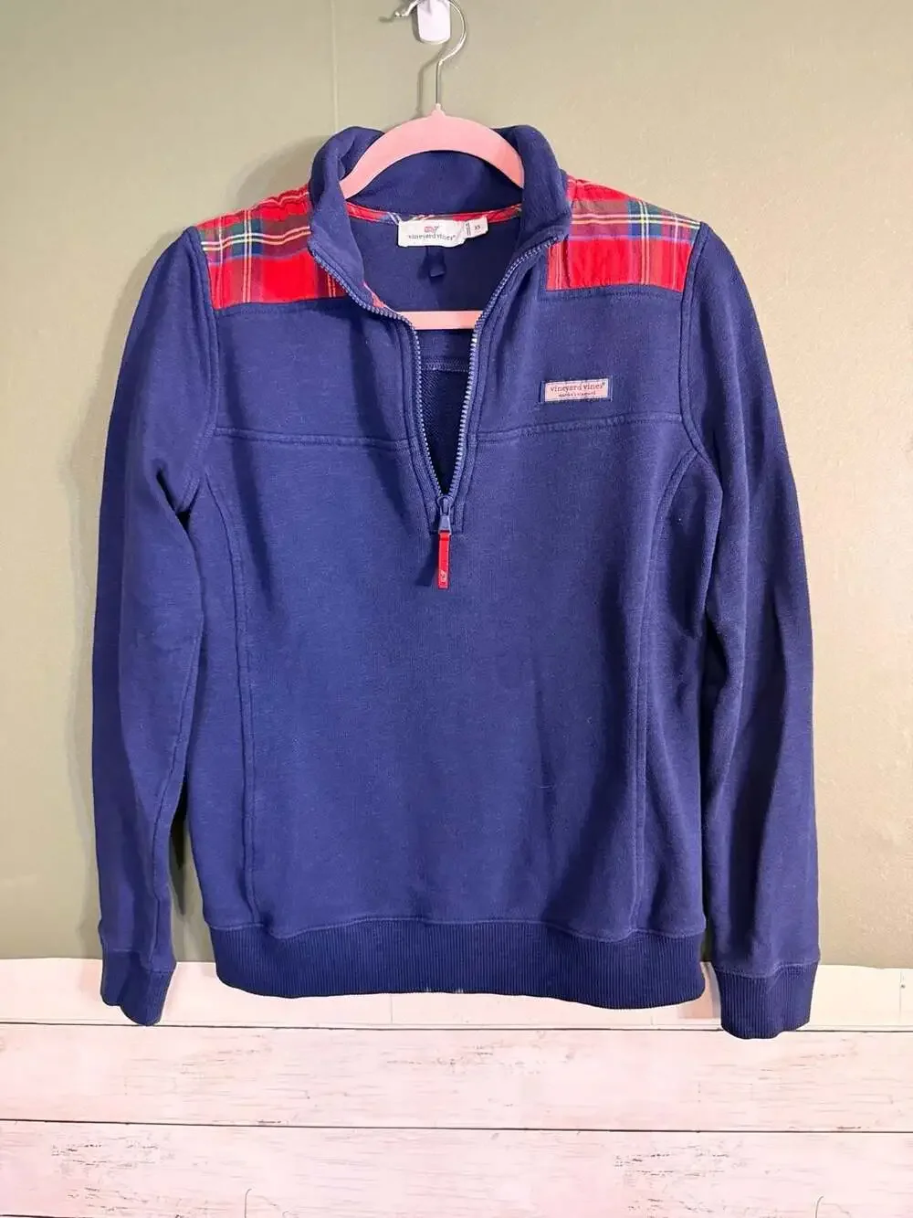 Vineyard Vines Plaid Women's XS Navy‎ Blue 1/4 Zip Pullover Preppy Sweatshirt